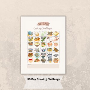 Op de afbeelding: Een 30 Day Cooking Challenge print op een witte achtergrond. De challenge bevat 30 geïllustreerde kooktaken, zoals het gebruik van slechts 3 ingrediënten of koken met fruit. De titel "30 Day Cooking Challenge" staat boven en onder de afbeelding.
