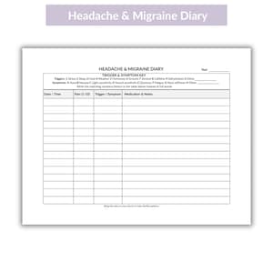 May include: A white paper Headache & Migraine Diary form with black text. The header includes a year line. A trigger and symptom key lists numbers 1-9 and letters A-H. A table below provides columns for Date/Time, Pain (1-10), Trigger/Symptom, and Medication & Notes.