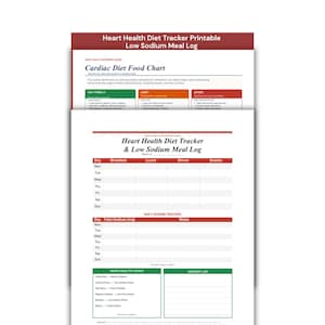 May include: A Heart Health Diet Tracker and Low Sodium Meal Log printable document. The top section features a Cardiac Diet Food Chart with colour-coded columns for food categories. Below is a weekly meal log and a daily sodium tracker table.