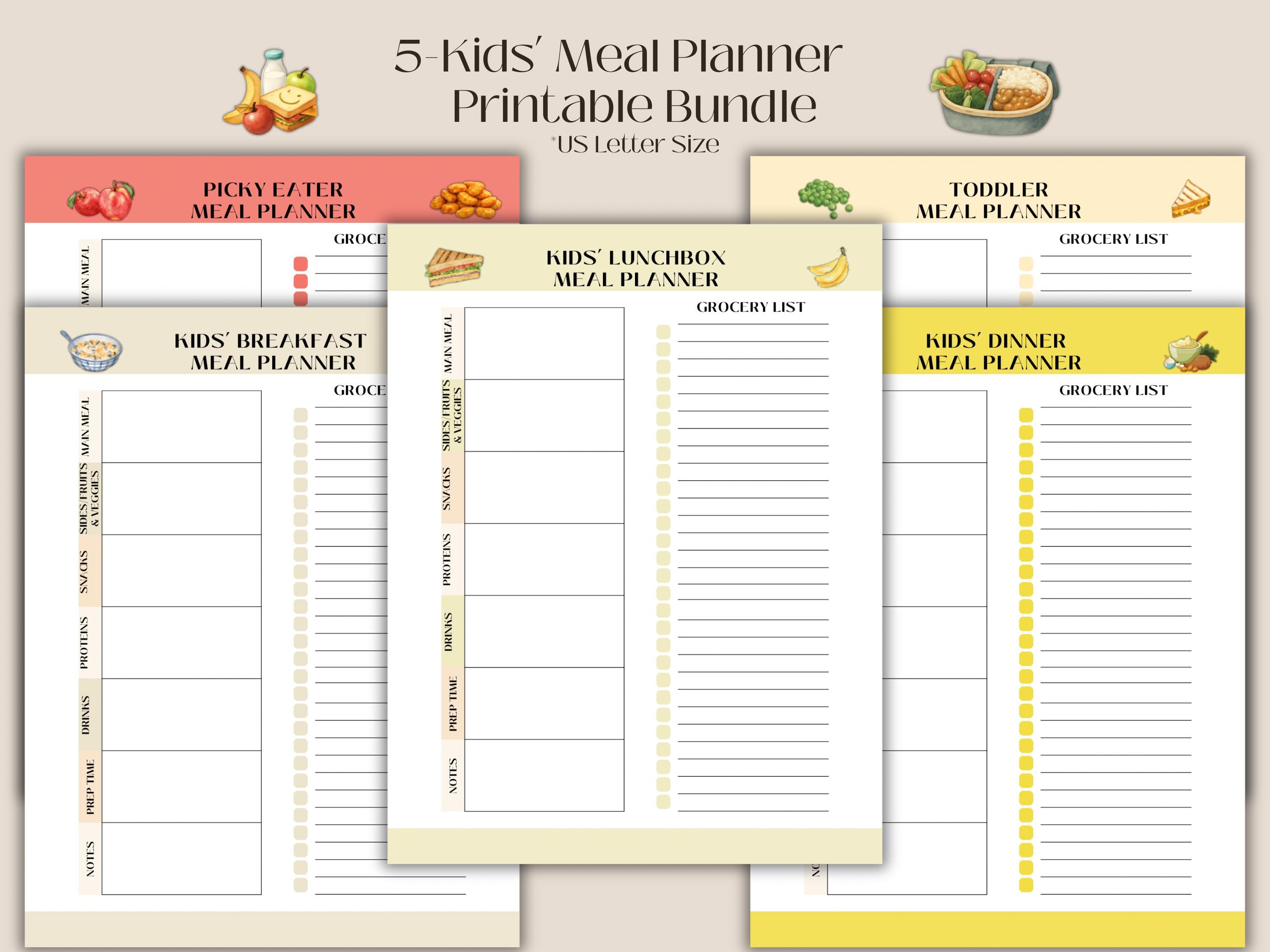 Kids’ Meal Planner Printable Bundle – 5 Daily Meal Sheets for Breakfast ...