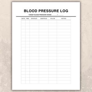 Blood Pressure Log Printable – Blood Pressure Tracker – BP Monitoring Sheet – Daily BP Log – Instant Download – 8.5x11 & 8x10