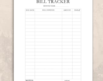 Bill Tracker Printable | Monthly Bill & Expense Log | Minimal Payment Checklist