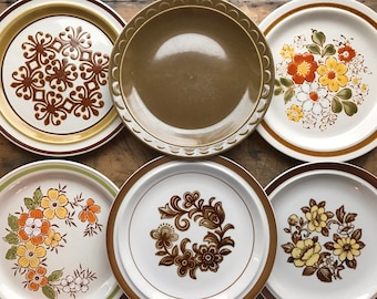 Mismatched set of 6 vintage dinner plates, yellow and brown floral print collection, stoneware