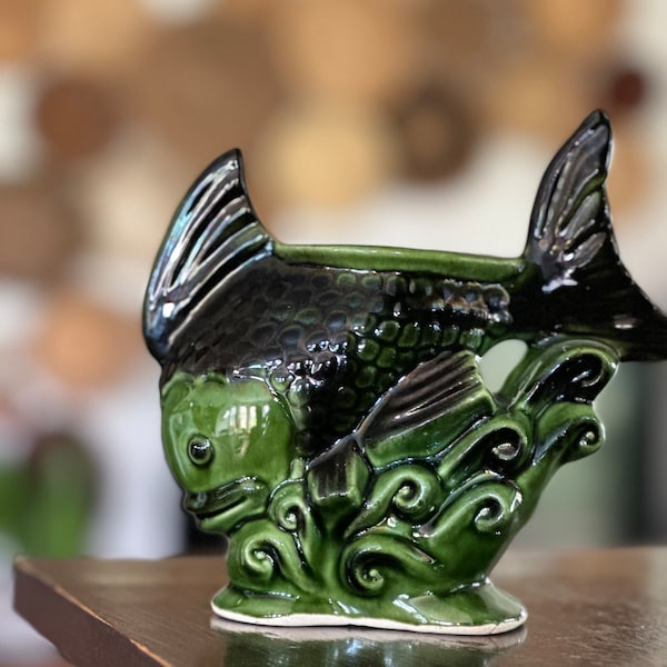 Fish vase, koi, green and black ceramic fish planter