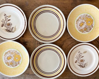 Stoneware plates, Mismatched set of 6 vintage salad plates, yellow, gold and brown collection, MCM plates, appetizer, dessert, curated set