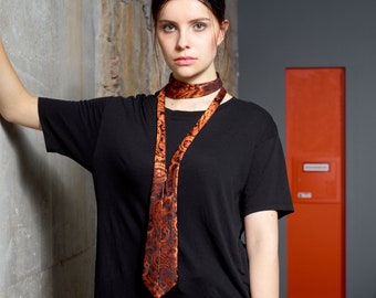 Silk tie orange/ black for women, noble & unique designer silk tie for you, long tie, tie, scarf