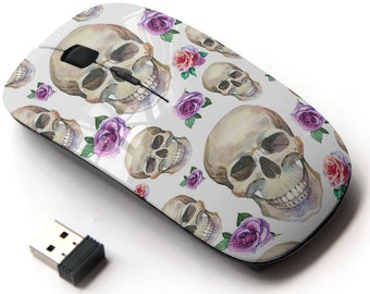 Watercolor Tattoo Concept Skull Print Pattern - Wireless Mouse, 2.4G Portable Optical Mouse with Nano USB Receiver for Kids, Children.