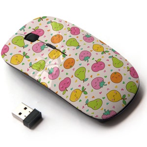 Colorido lindo patrón de frutas - ratón inalámbrico, ratón óptico portátil 2.4G con receptor Nano USB para niños, niños.