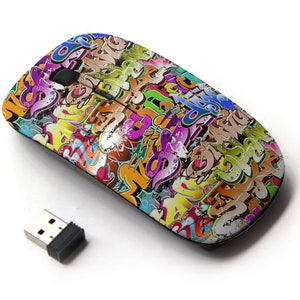 Colorido graffiti Funky Hip Pattern Print - Ratón inalámbrico, ratón óptico portátil 2.4G con receptor Nano USB para niños, niños.