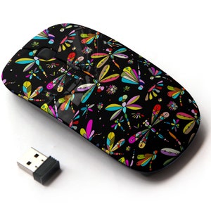 Patrón de impresión de libélulas : ratón inalámbrico, ratón óptico portátil 2.4G con receptor Nano USB para niños, niños.