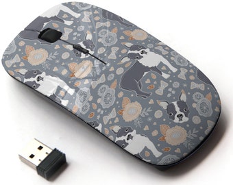 May include: A wireless computer mouse with a gray and white floral pattern featuring Boston Terrier dogs. The mouse has a USB receiver.