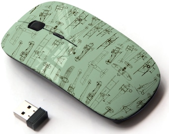 Retro Old Airplanes Icons Pattern Print - Wireless Mouse, 2.4G Portable Optical Mouse with Nano USB Receiver for Kids, Children.