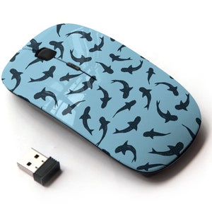 Sharks Icons On Blue Print - Ratón inalámbrico, ratón óptico portátil 2.4G con receptor Nano USB para niños, niños.