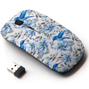 Hermosas flores azules Colibríes Iconos Imprimir - Ratón inalámbrico, ratón óptico portátil 2.4G con receptor Nano USB para niños, niños.