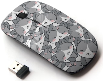 Cute Kawaii Cat Print Pattern - Wireless Mouse, 2.4G Portable Optical Mouse with Nano USB Receiver for Kids, Children.