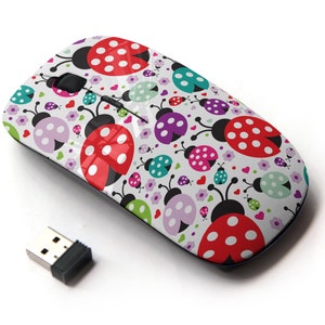 Colorido Lady Bug Polka Pattern Print - Ratón inalámbrico, ratón óptico portátil 2.4G con receptor Nano USB para niños, niños.