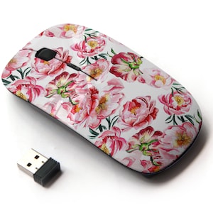 Hermoso patrón de impresión floral de peonías rosas : ratón inalámbrico, ratón óptico portátil 2.4G con receptor Nano USB para niños, niños.