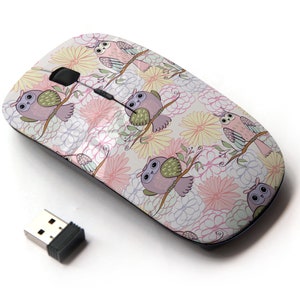 Cartoon Owl Flowers Icons Pattern Print - Ratón inalámbrico, ratón óptico portátil 2.4G con receptor Nano USB para niños, niños.