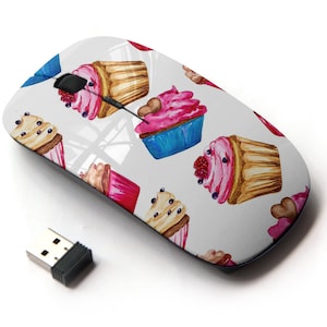 Watercolor Cupcakes Icons Print - Ratón inalámbrico, ratón óptico portátil 2.4G con receptor Nano USB para niños, niños.
