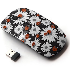 Flowers Chamomile Ladybugs Pattern - Ratón inalámbrico, ratón óptico portátil 2.4G con receptor Nano USB para niños, niños.