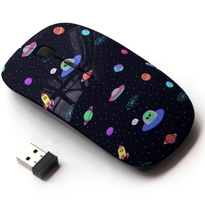 Lindo espacio de dibujos animados aliens iconos de impresión de patrón - ratón inalámbrico, ratón óptico portátil 2.4G con receptor Nano USB para niños, niños.