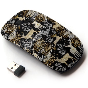 Fancy Gold Deer Icons Pattern Christmas Theme Print - Ratón inalámbrico, ratón óptico portátil 2.4G con receptor Nano USB para niños, niños.