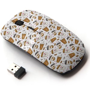 Lindo patrón de vaso de tazas de café: mouse inalámbrico, mouse óptico portátil 2.4G con receptor Nano USB para niños, niños.