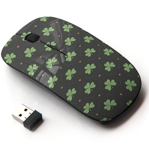 Trébol verde irlandés con impresión de iconos de corazones - ratón inalámbrico, ratón óptico portátil 2.4G con receptor Nano USB para niños, niños.