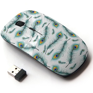 Hermoso patrón colorido de plumas de pavo real: mouse inalámbrico, mouse óptico portátil 2.4G con receptor Nano USB para niños, niños.