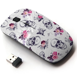 Cráneo humano y patrón de rosas - ratón inalámbrico, ratón óptico portátil 2.4G con receptor Nano USB para niños, niños.