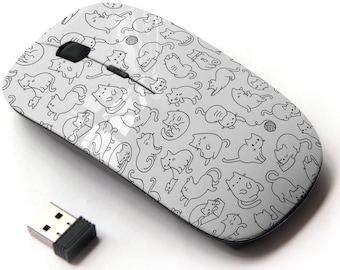 Cute Doodle Cat Print Pattern - Wireless Mouse, 2.4G Portable Optical Mouse with Nano USB Receiver for Kids, Children.