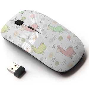 May include: A wireless computer mouse with a white background and a pattern of colorful llamas and hearts. The mouse has a black scroll wheel and a black USB receiver.