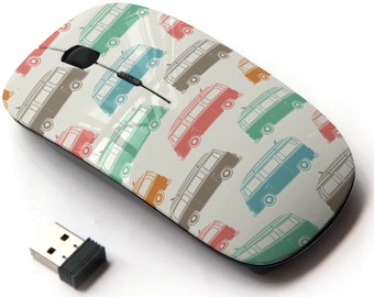 Retro Vintage Travel Camper Van Icons Print - Wireless Mouse, 2.4G Portable Optical Mouse with Nano USB Receiver for Kids, Children.