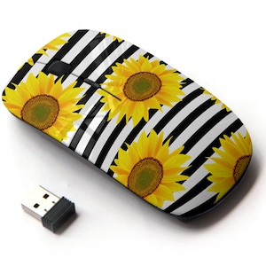 Girasoles en rayas negro blanco en patrón de impresión - ratón inalámbrico, ratón óptico portátil 2.4G con receptor Nano USB para niños, niños.