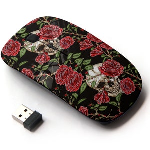 Skull Red Roses Icons Print - Ratón inalámbrico, ratón óptico portátil 2.4G con receptor Nano USB para niños, niños.