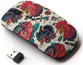 Colorful Old School Tattoo Element Pattern Print - Wireless Mouse, 2.4G Portable Optical Mouse with Nano USB Receiver for Kids, Children.