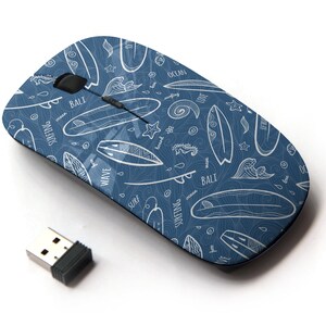 Contornos blancos azules Doodle Surfboards Icons Print - Wireless Mouse, 2.4G Portable Optical Mouse with Nano USB Receiver for Kids, Children.