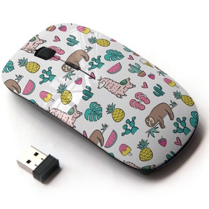 Cool Cartoon Summer Sloth and Llama Pattern Print - Ratón inalámbrico, ratón óptico portátil 2.4G con receptor Nano USB para niños, niños.