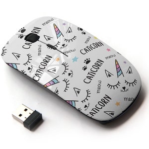 Lindo patrón de unicornio gato - ratón inalámbrico, ratón óptico portátil 2.4G con receptor Nano USB para niños, niños.