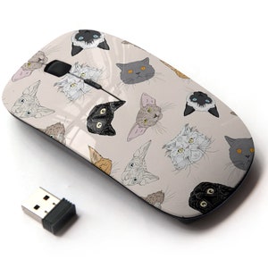 Lindo patrón de caras de gato de mezcla: mouse inalámbrico, mouse óptico portátil 2.4G con receptor Nano USB para niños, niños.