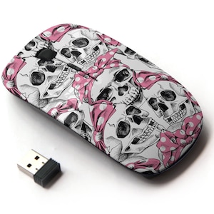 Calavera con patrón de banda rosa - ratón inalámbrico, ratón óptico portátil 2.4G con receptor Nano USB para niños, niños.