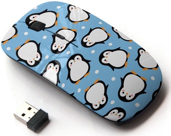 Cute Penguin Cartoon On Print Pattern - Wireless Mouse, 2.4G Portable Optical Mouse with Nano USB Receiver for Kids, Children.