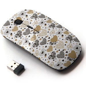 Patrón de corazones negros y dorados- Ratón inalámbrico, ratón óptico portátil 2.4G con receptor Nano USB para niños, niños.