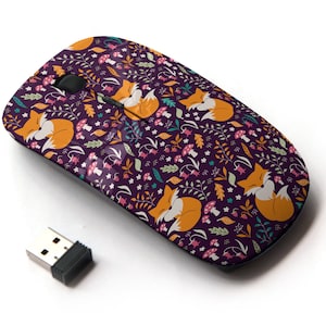 Flowers Foxes Mushrooms Pattern - Ratón inalámbrico, ratón óptico portátil 2.4G con receptor Nano USB para niños, niños.
