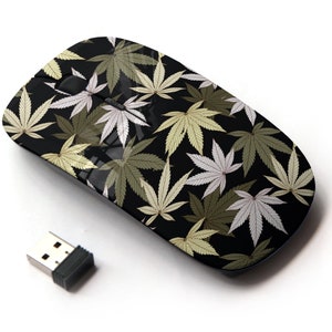 Impresión de patrón de dibujo negro de hoja de marihuana: mouse inalámbrico, mouse óptico portátil 2.4G con receptor Nano USB para niños, niños.