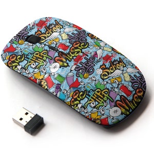 Patrón de caracteres decorativo de graffiti spray - ratón inalámbrico, ratón óptico portátil 2.4G con receptor Nano USB para niños, niños.