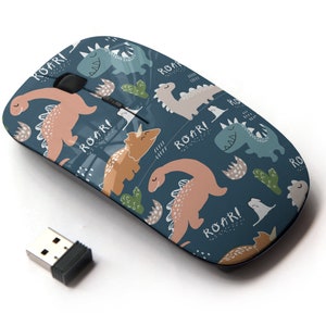 Lindo patrón de impresión de dinosaurio Kawaii - Ratón inalámbrico, ratón óptico portátil 2.4G con receptor Nano USB para niños, niños.