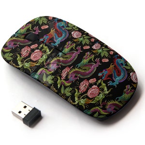 Broidery Chinese Dragons Flowers Peonies Pattern - Ratón inalámbrico, ratón óptico portátil 2.4G con receptor Nano USB para niños, niños.