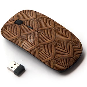 Patrón de madera tallada - Ratón inalámbrico, ratón óptico portátil 2.4G con receptor Nano USB para niños, niños.