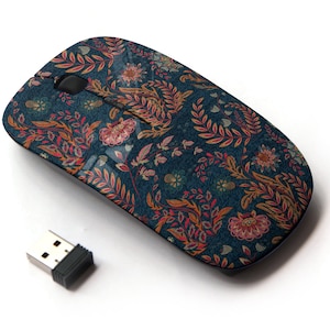 Blue Denim Colorful Floral Print Pattern - Wireless Mouse, 2.4G Portable Optical Mouse with Nano USB Receiver for Kids, Children.